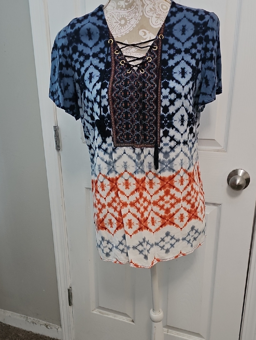 Cato Blue & Orange Tie-Dye Lace-Up Tunic Top